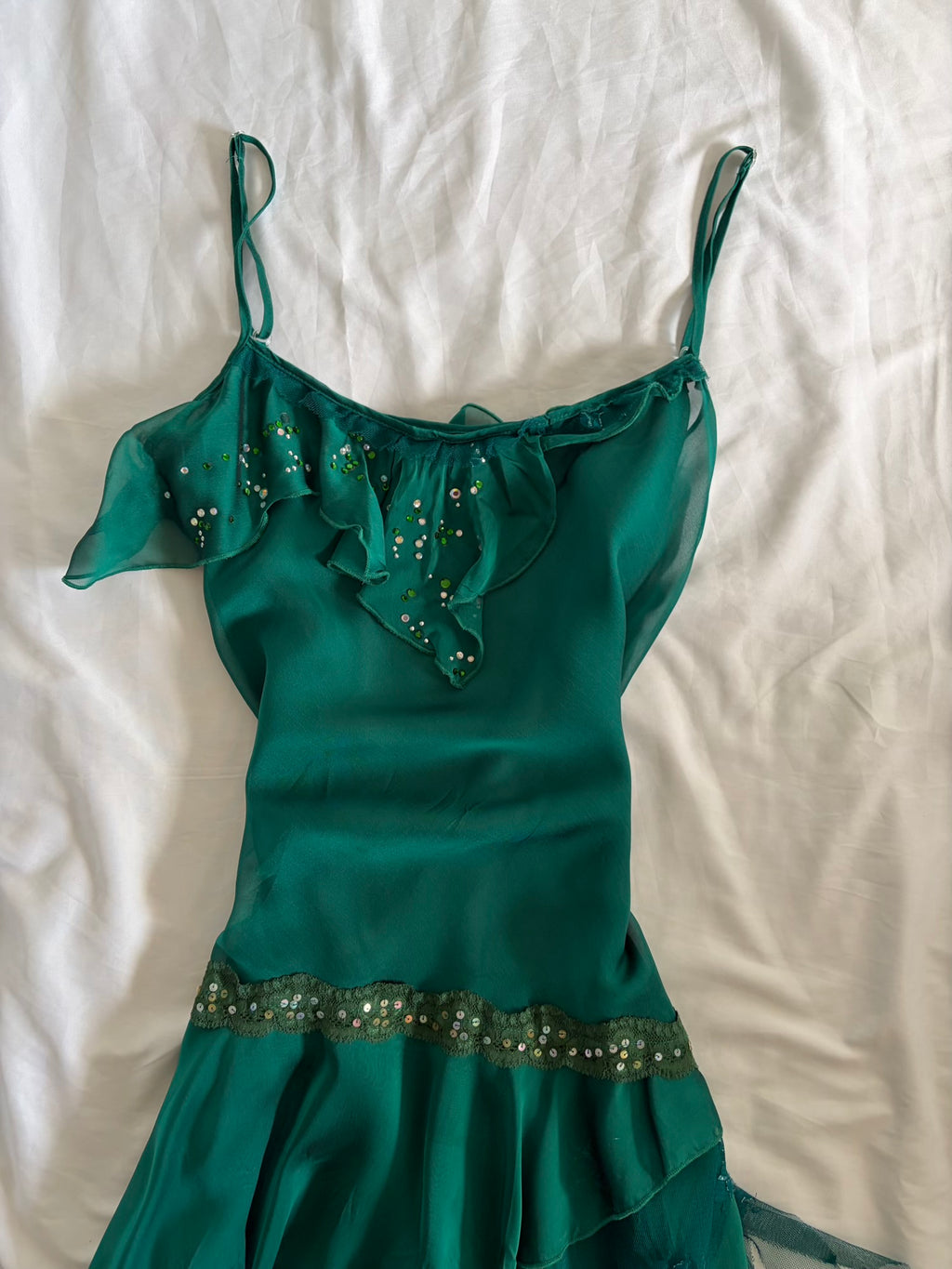 Vintage Y2K Teal Fairy Sheer Mini Asymmetrical Hem Dress with Lace and Sequins