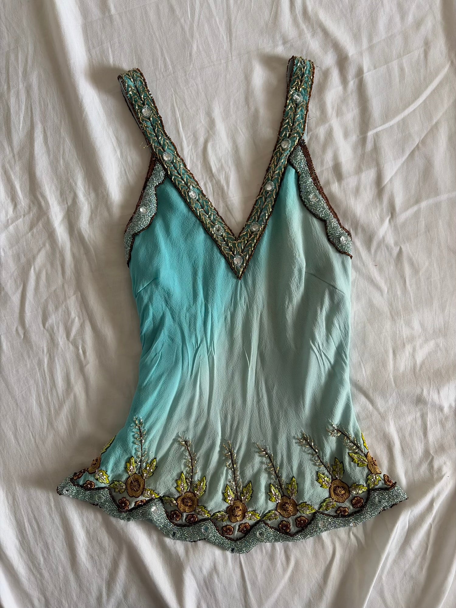 Vintage Y2K Aftershock Silk Ombre Turquoise Sequin and Beaded Top
