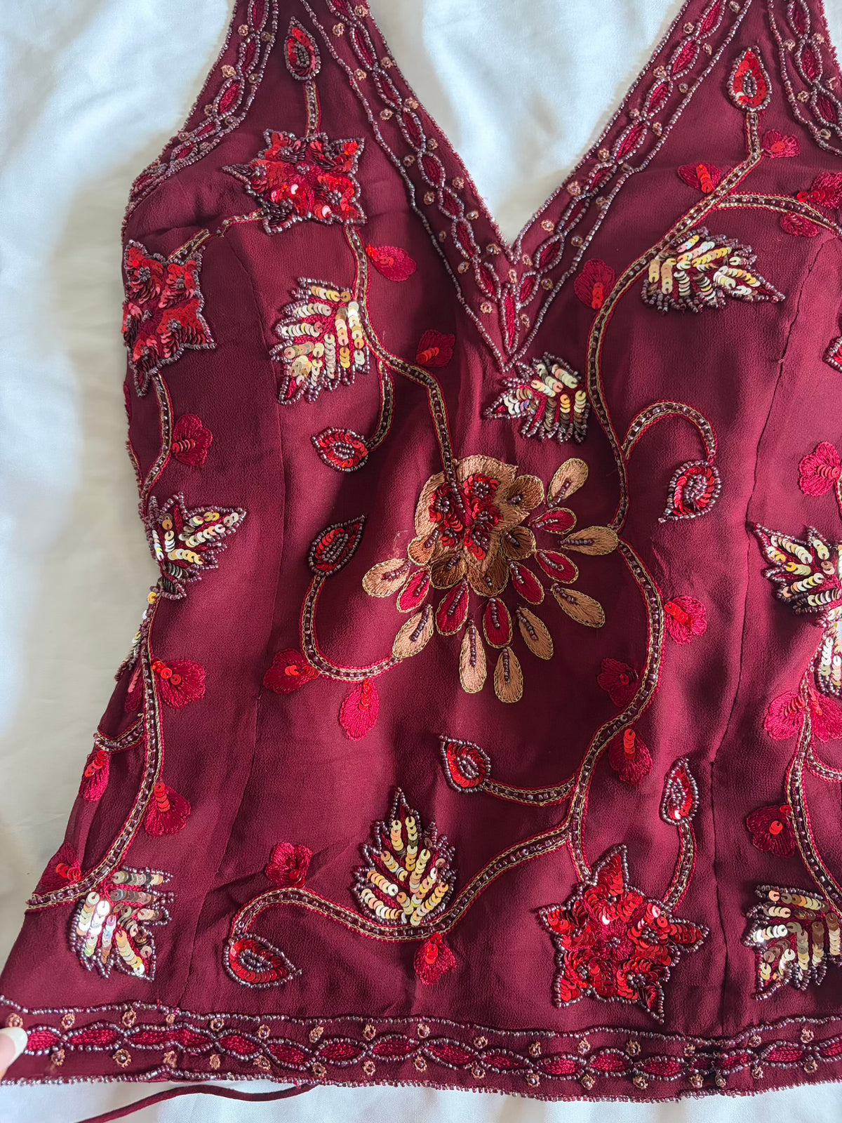 Vintage Y2K burgundy silk beaded floral gold and bronze sequin corset style halter - Size Large