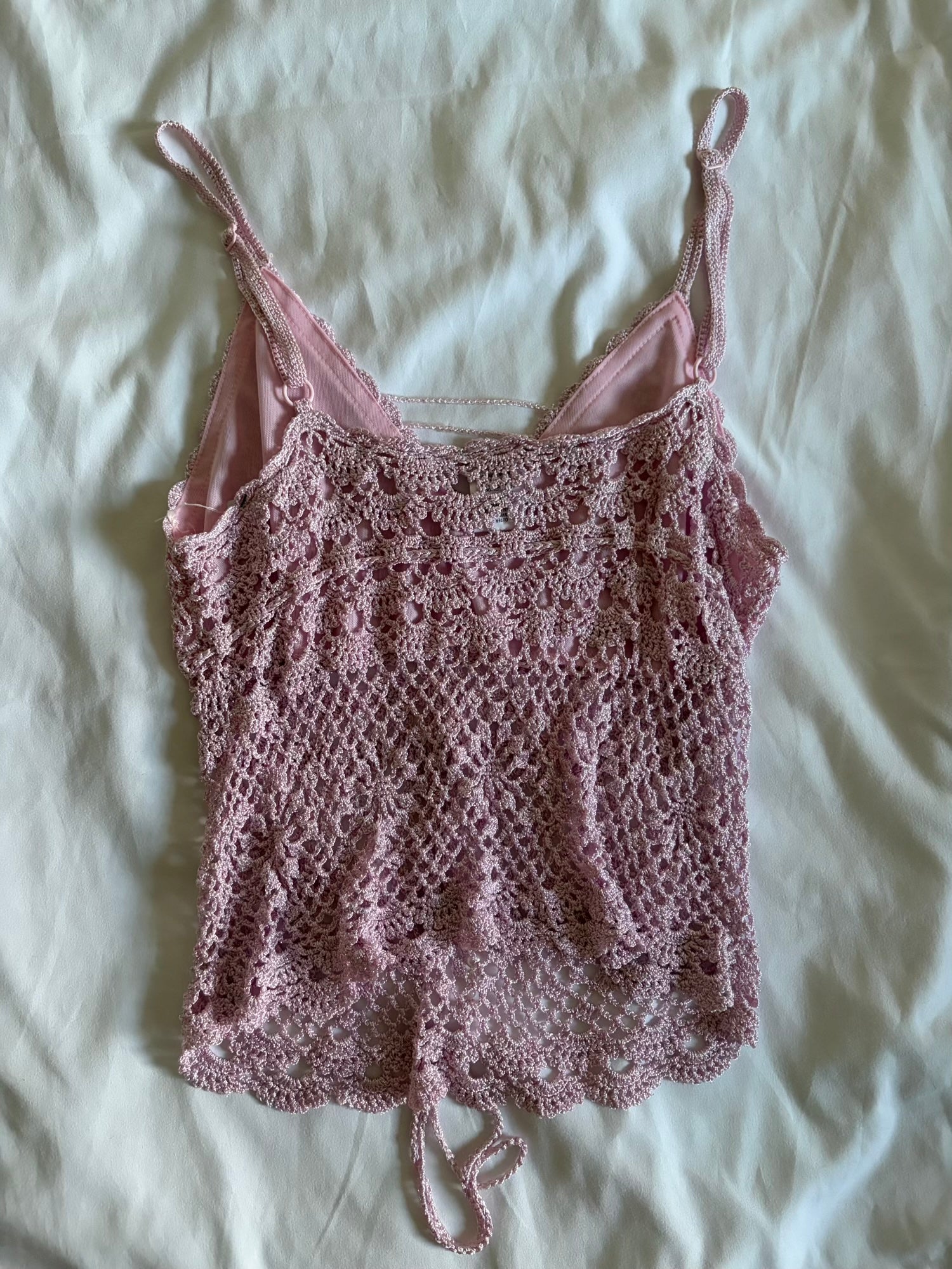 Vintage Y2K baby pink crochet silver sparkly cami