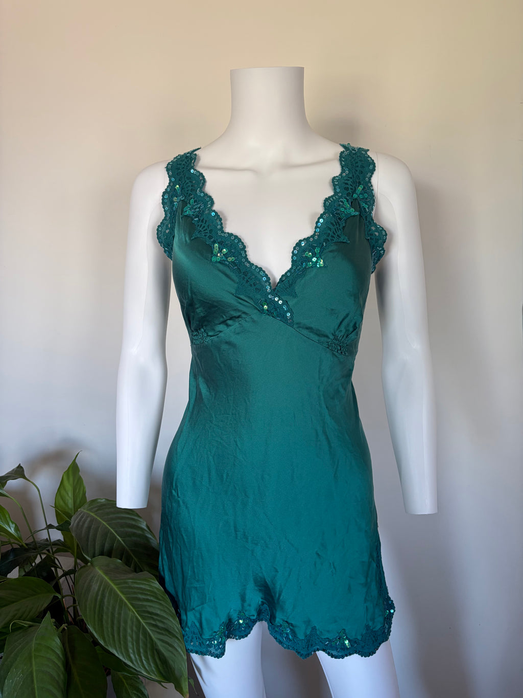 Vintage 1990s Oasis Silk Teal Beaded Mini Slip Dress