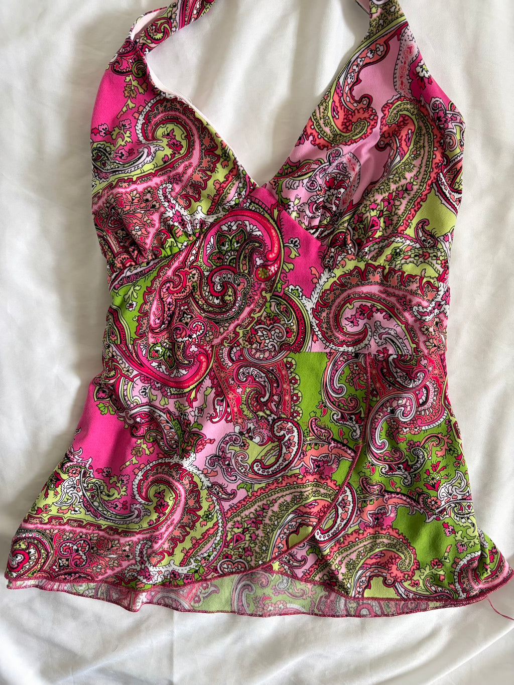 Vintage Y2K Pink and Green Paisley Halterneck Cami