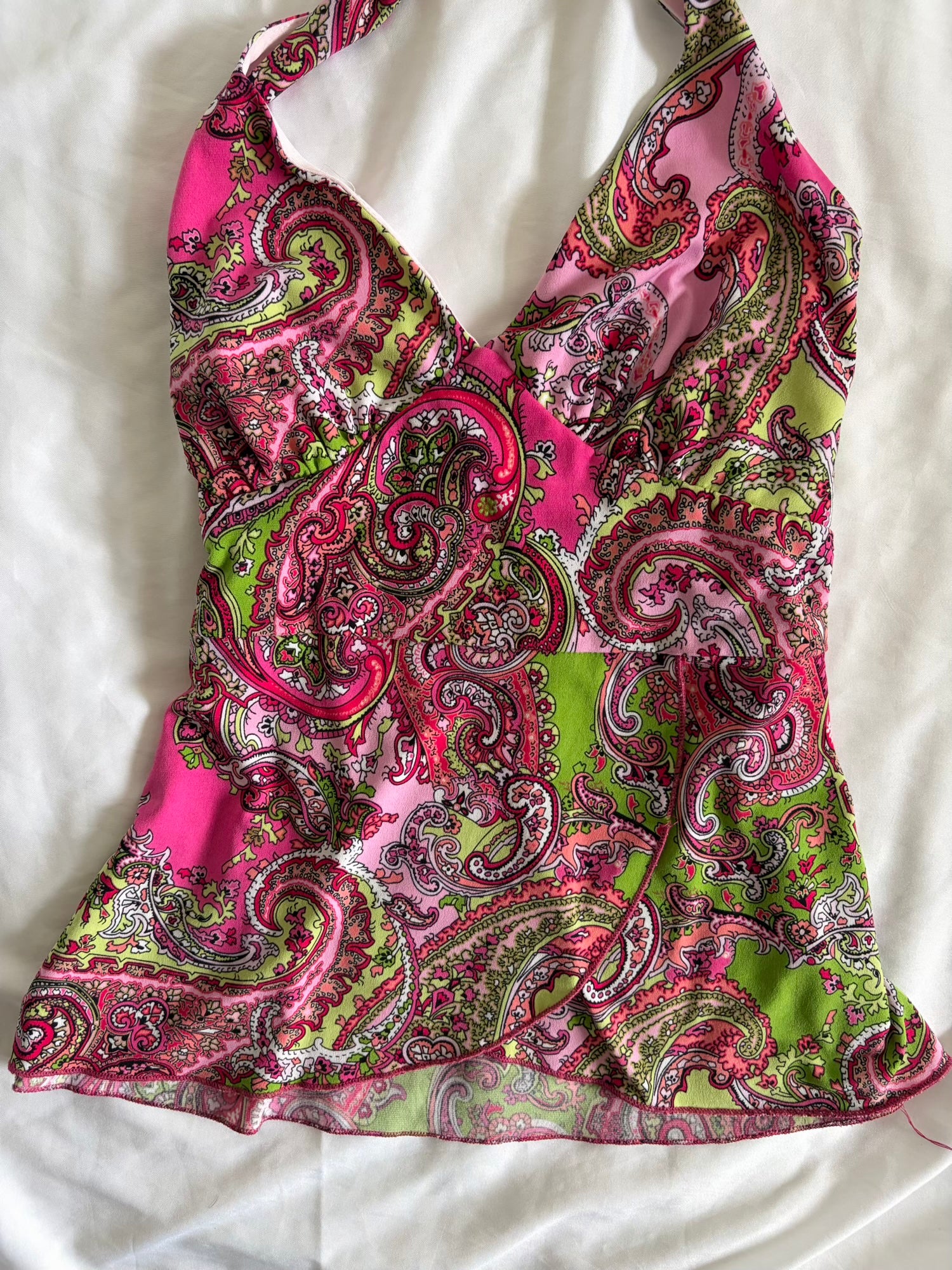 Vintage Y2K Pink and Green Paisley Halterneck Cami