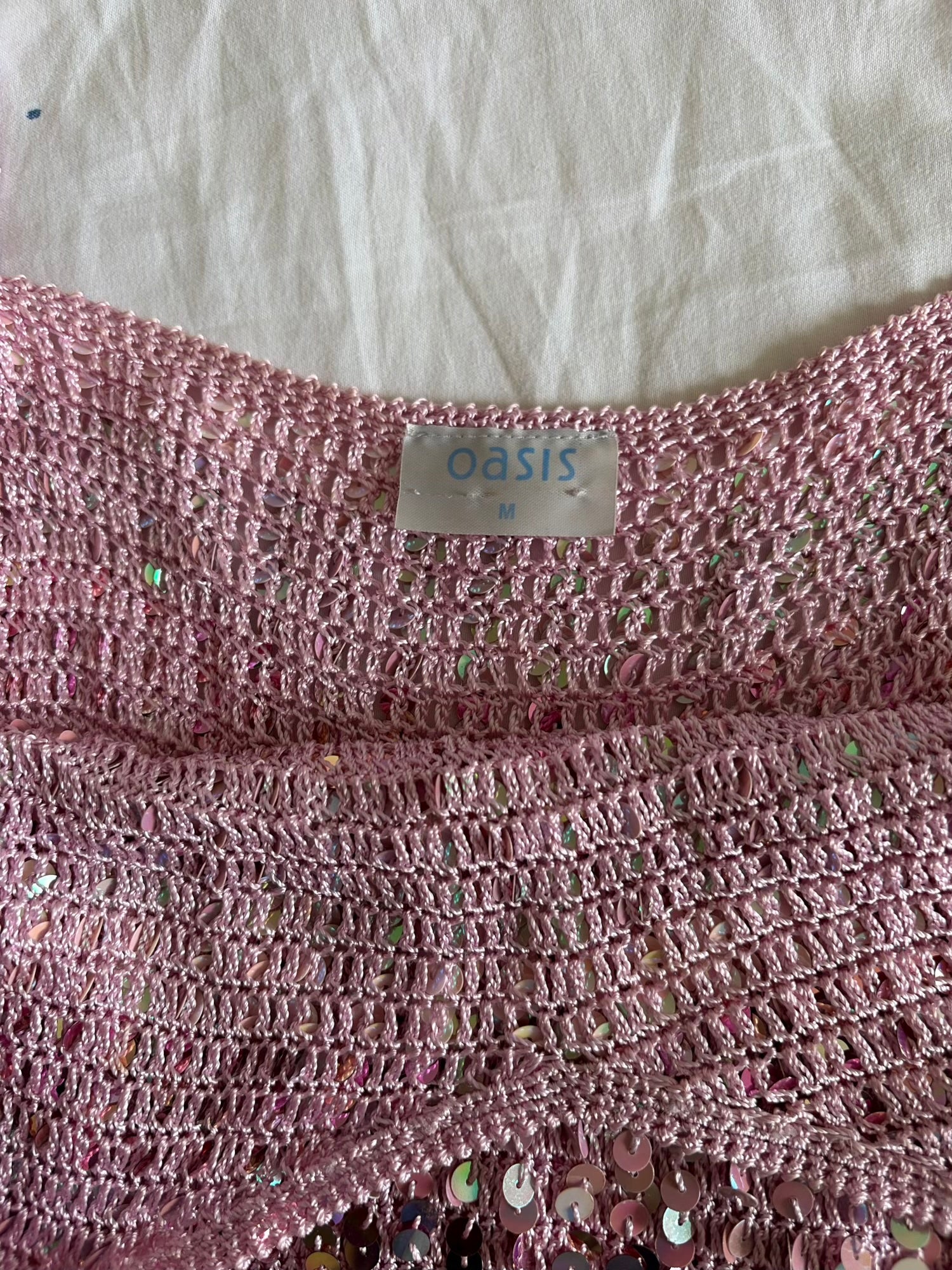 Vintage Y2K Pink Crochet Striped Sequin Cami