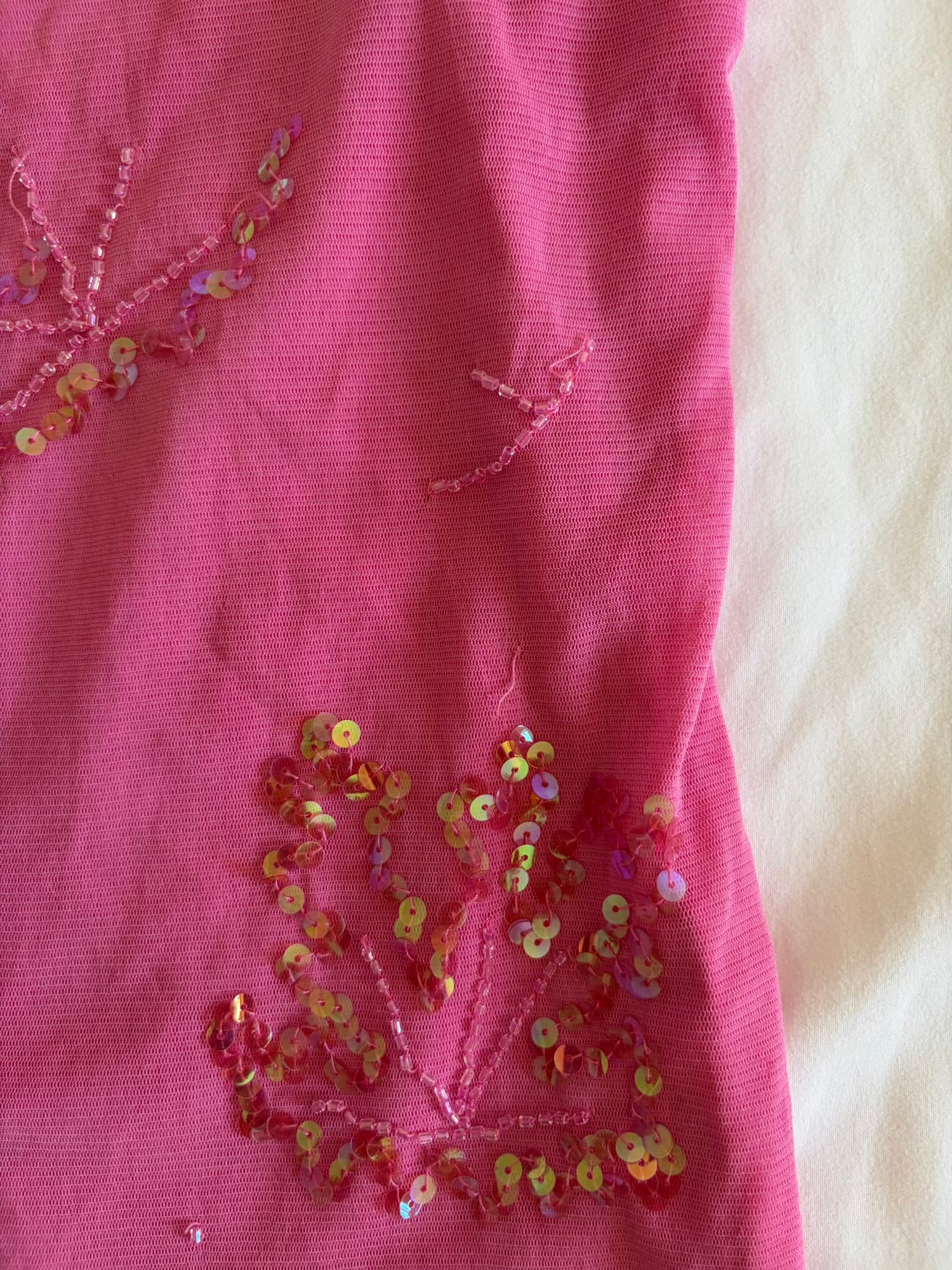 Vintage Y2K bubblegum pink micromesh cami with sequin and beaded detail
