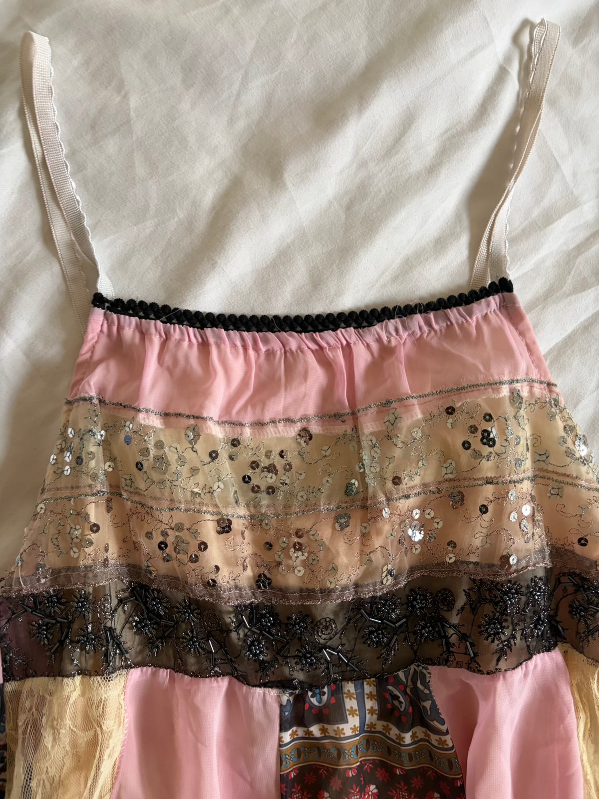 Vintage 2000s Pink Patchwork Babydoll Cami with Sequins and Beads