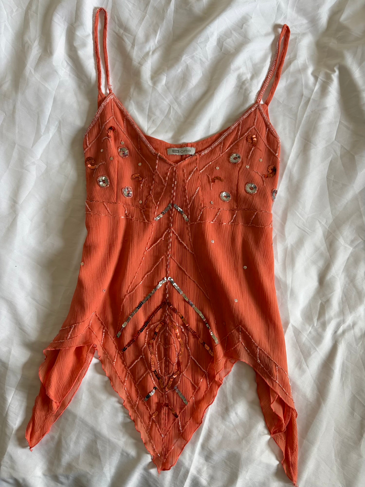 Vintage Y2K Coral Handkerchief Hem Sequin and Beaded Cami