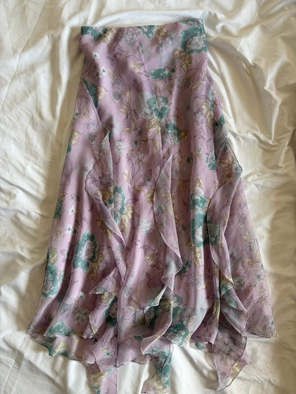 Vintage Y2K Pastel Lilac Floral Maxi Skirt with Fairy Hem