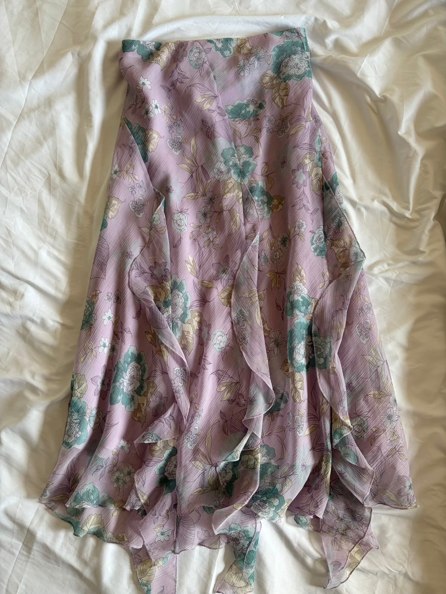 Vintage Y2K Pastel Lilac Floral Maxi Skirt with Fairy Hem