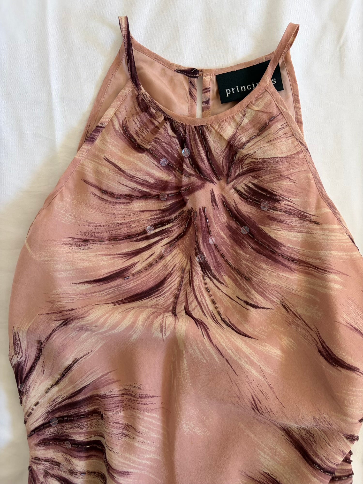 Vintage Y2K Silk Rose Pink Asymmetrical Hem Halterneck Floral Sequin and Bead Cami