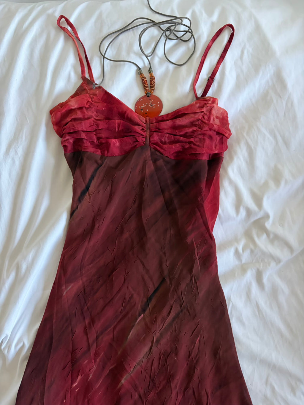 Vintage Y2K handkerchief hem brown and red tie dye ruched bust dress with pendant and beaded detail