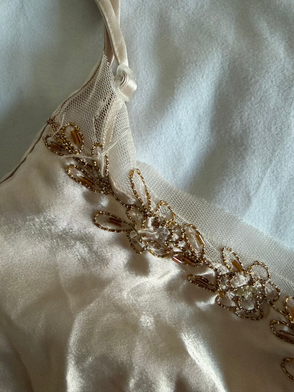 Vintage Y2K blush ruffle hem cami with bronze beaded detail and sequins