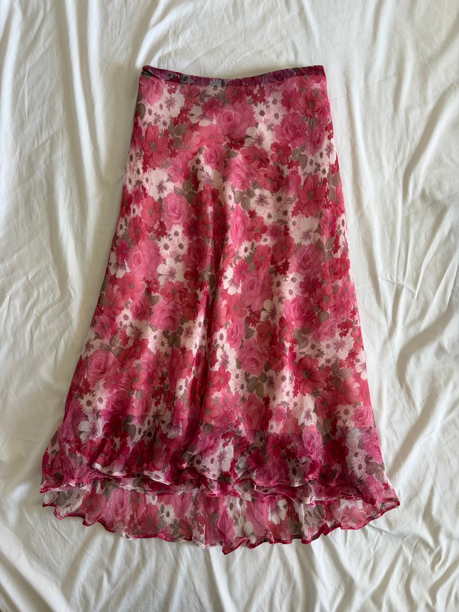 Vintage 1990s Silk Pink and Red Floral Maxi Skirt with Floaty Fairy Hem