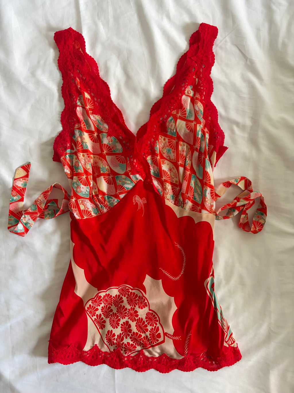 Vintage Y2K Silk Red and Turquoise Tie Back Top