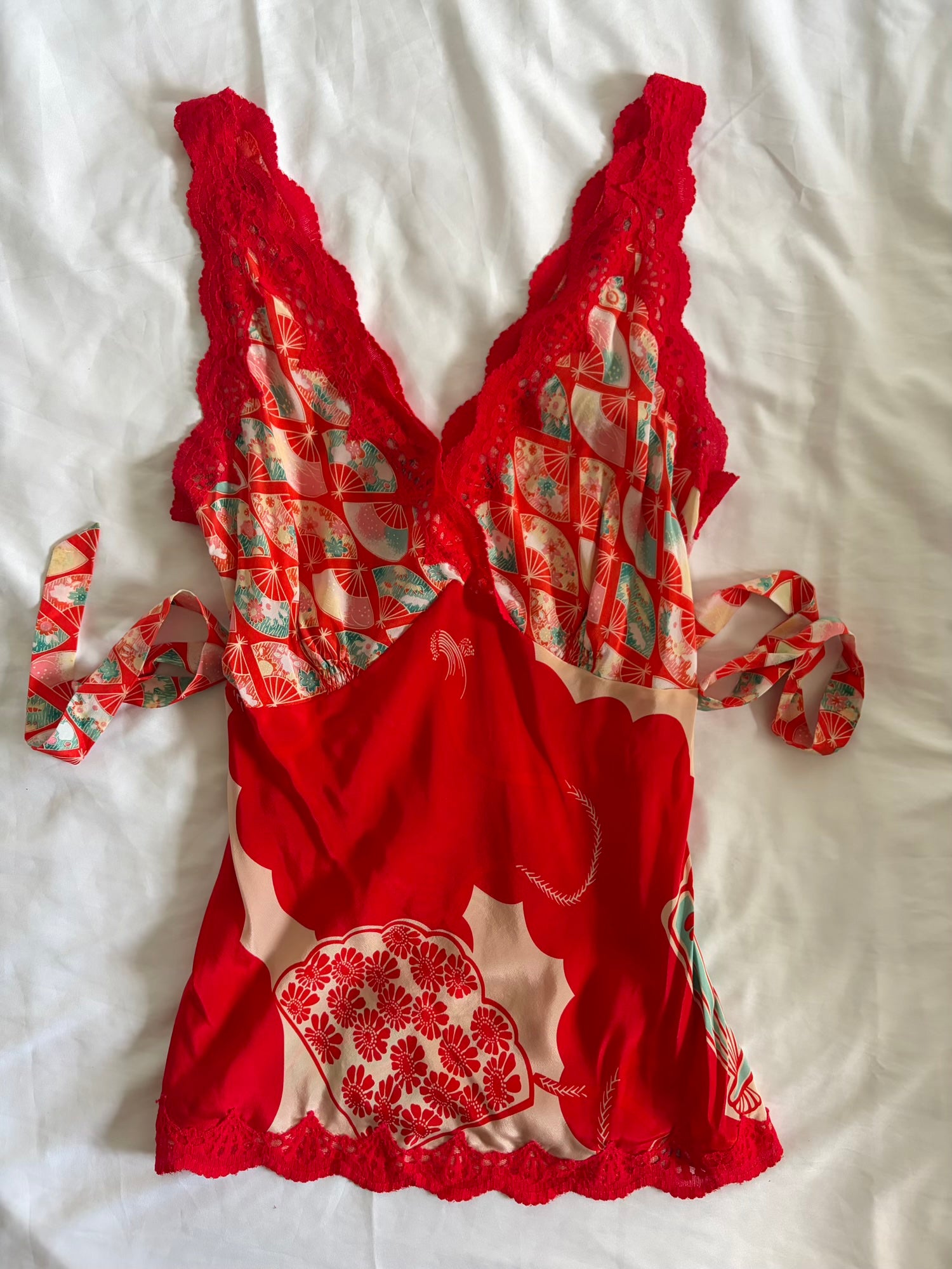 Vintage Y2K Silk Red and Turquoise Tie Back Top