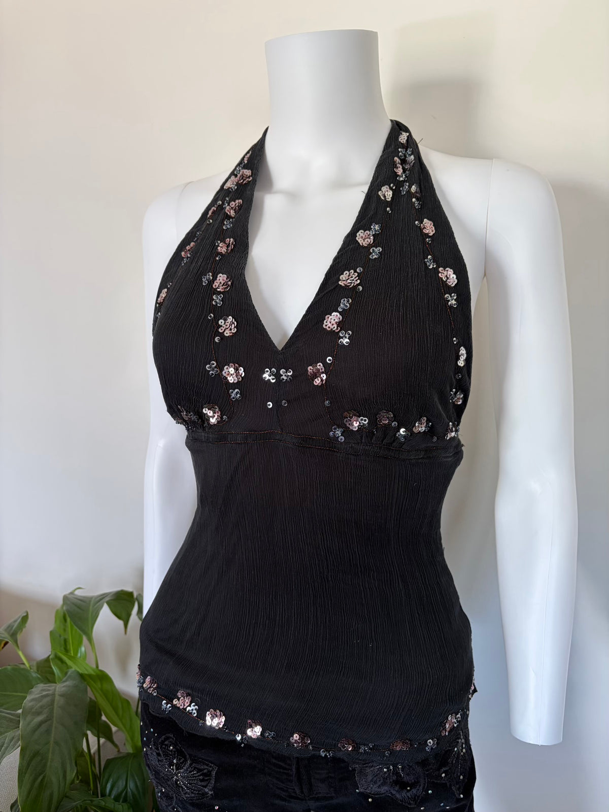 Vintage 1990s Black Floaty Silk Halterneck with Sequins and Beads