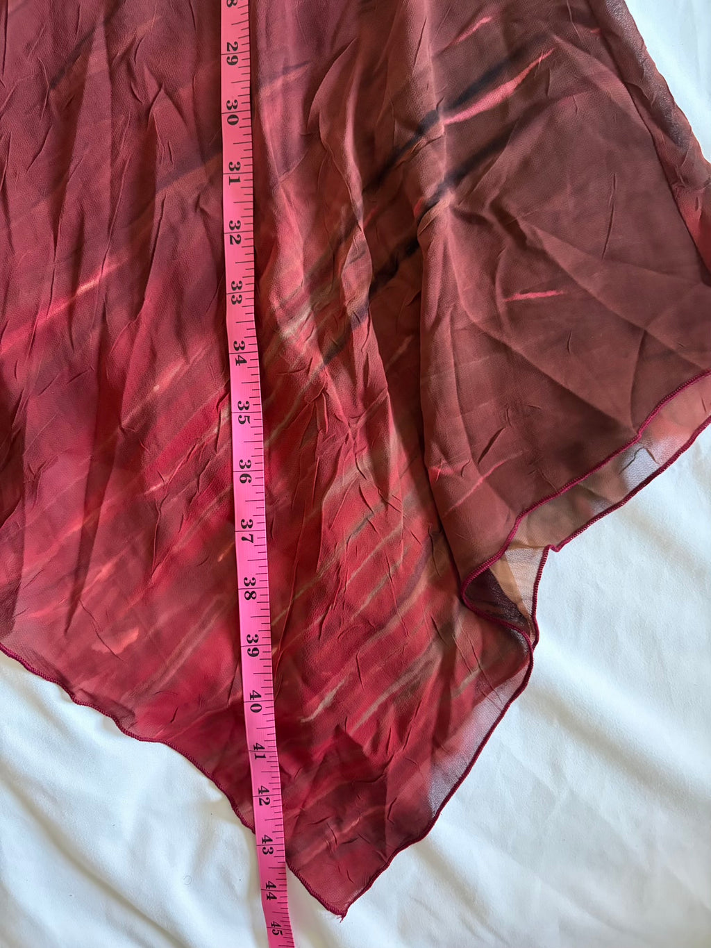 Vintage Y2K handkerchief hem brown and red tie dye ruched bust dress with pendant and beaded detail