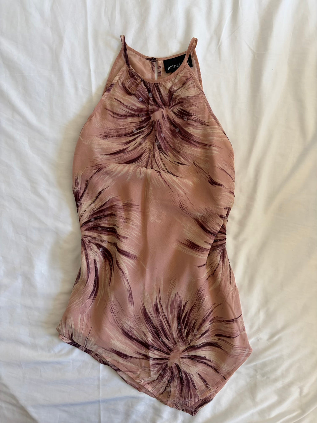 Vintage Y2K Silk Rose Pink Asymmetrical Hem Halterneck Floral Sequin and Bead Cami