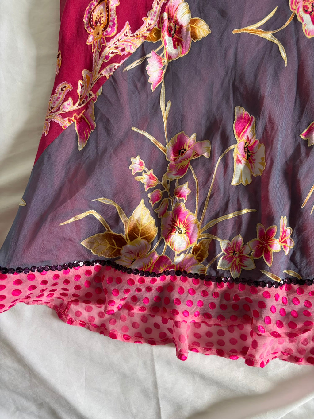 Vintage 1990s Silk Blend Patchwork Paisley Floral Polka Dot Midi Skirt