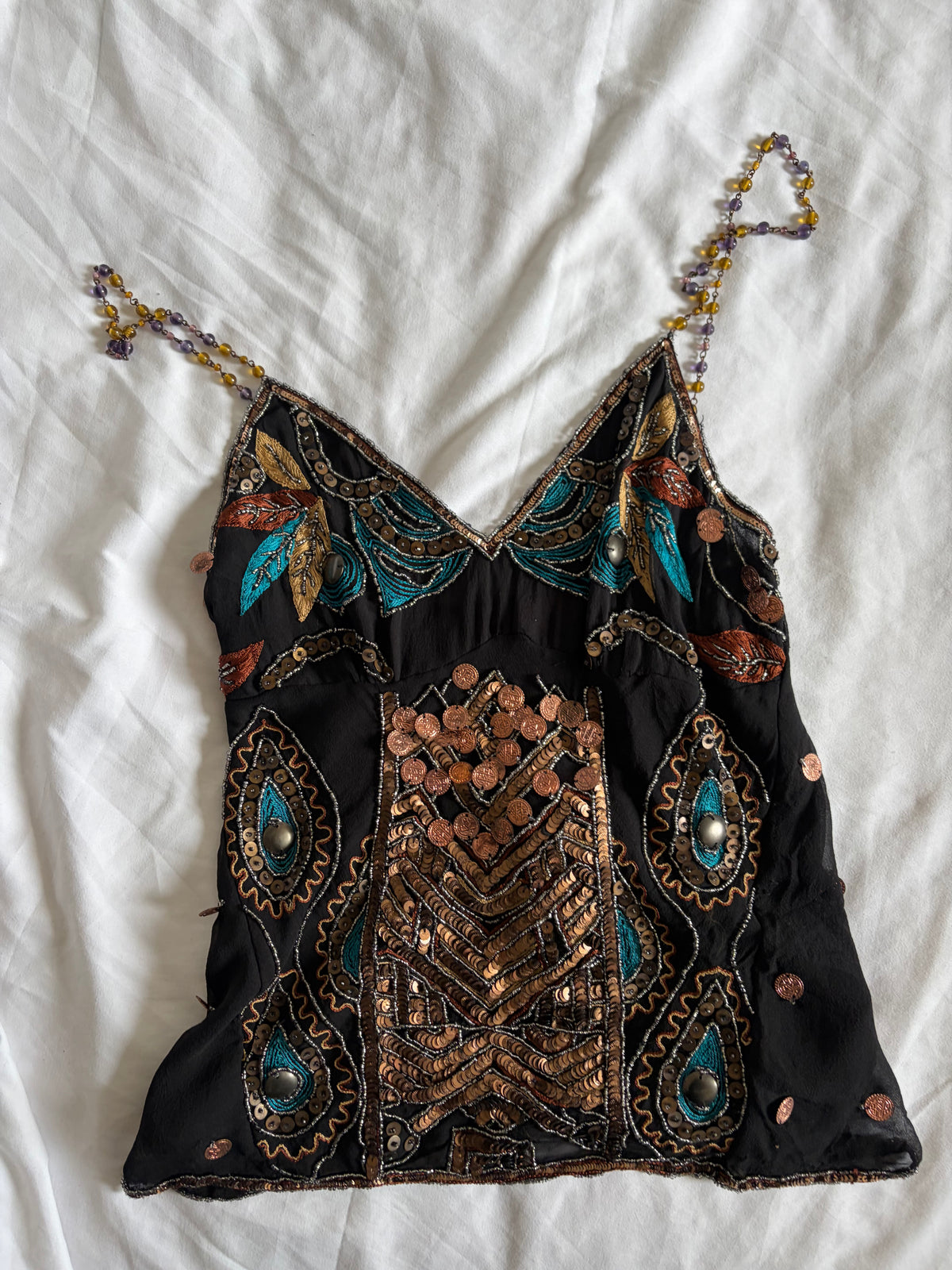 Vintage Aftershock Silk Black Embellished Sequin and Beaded Cami