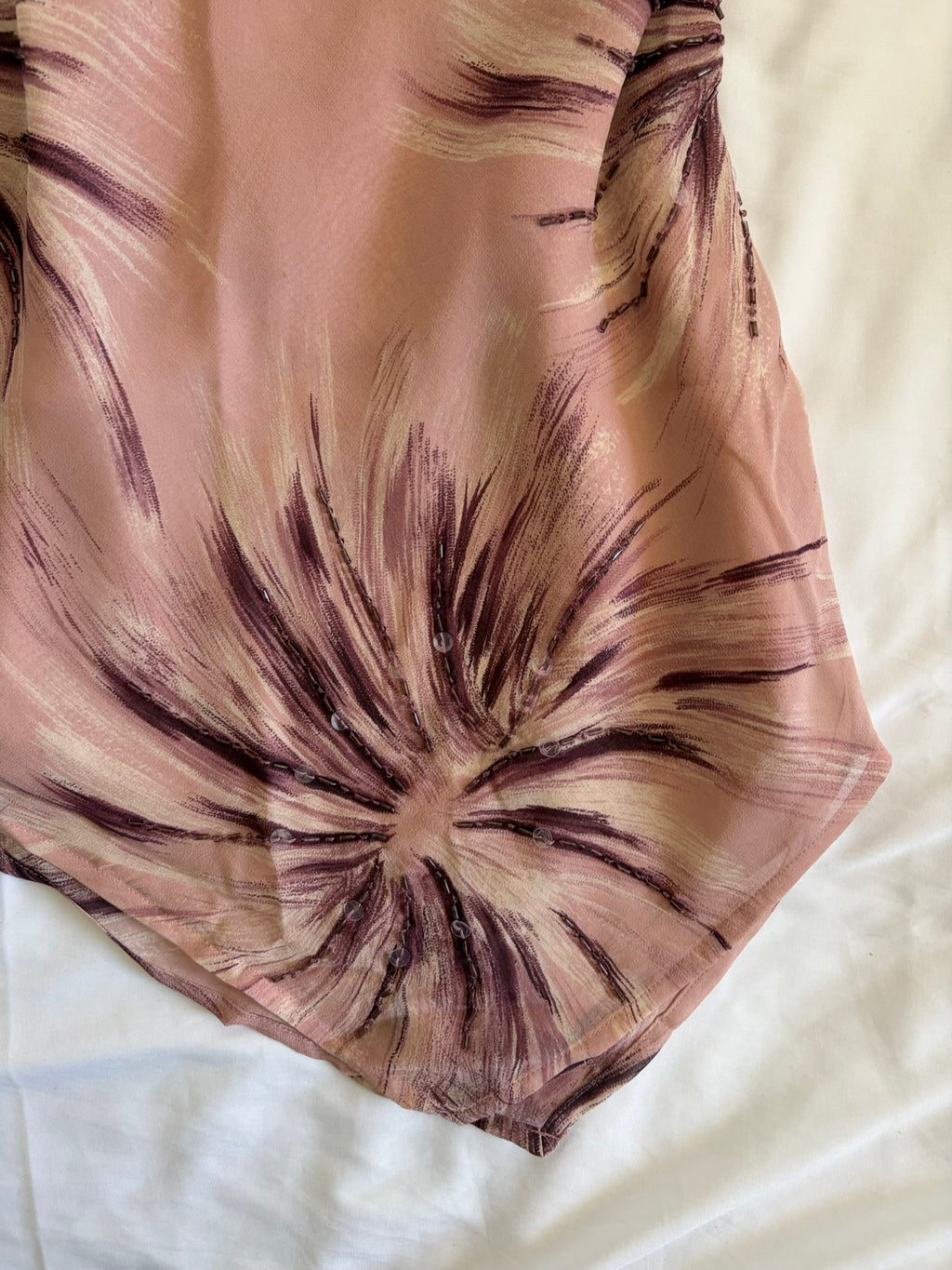 Vintage Y2K Silk Rose Pink Asymmetrical Hem Halterneck Floral Sequin and Bead Cami