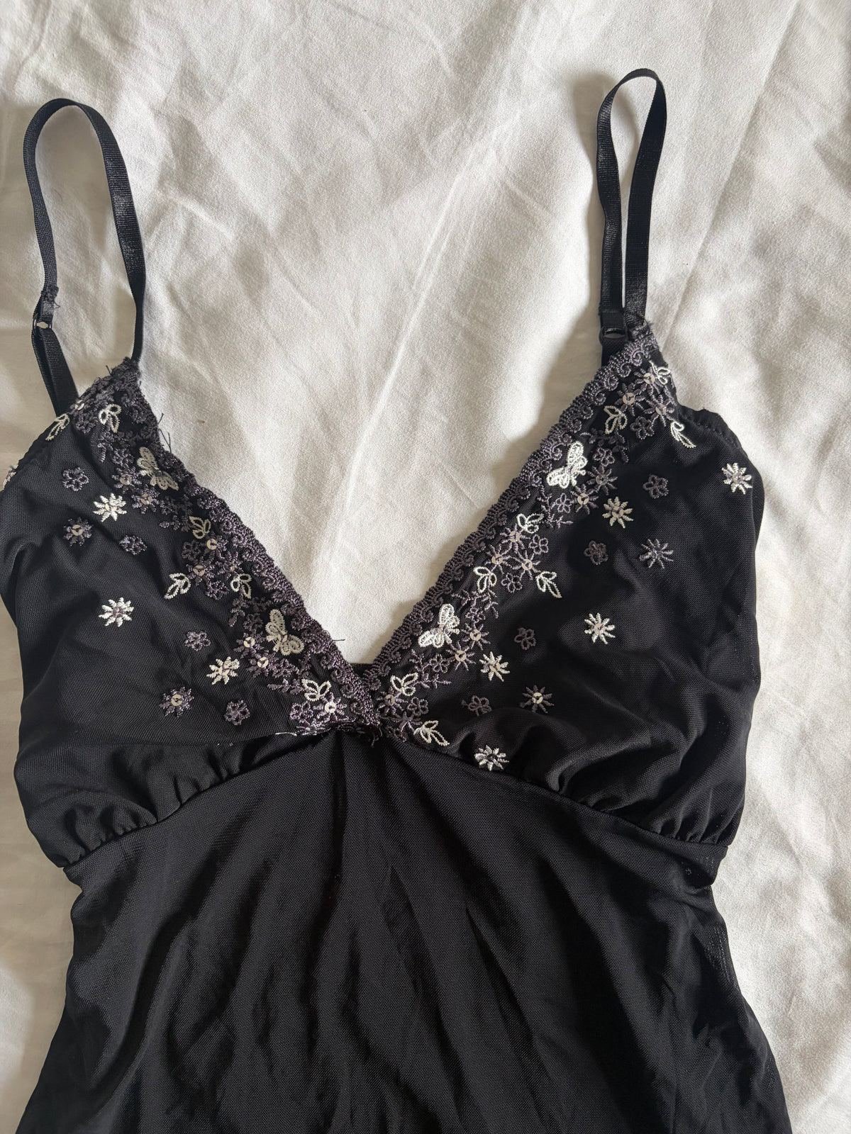 Vintage 1990s Black Mesh Cami with Butterfly-Embroidered Cups and Sequins