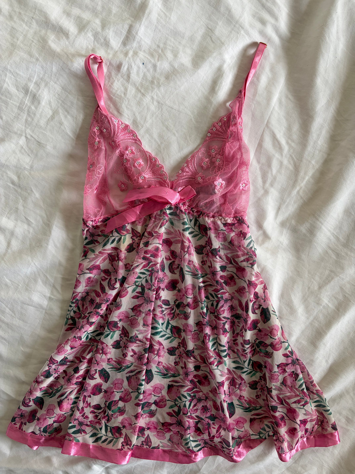 Vintage 2000s Pink Floral Babydoll with Sequin-Embroidered Cups