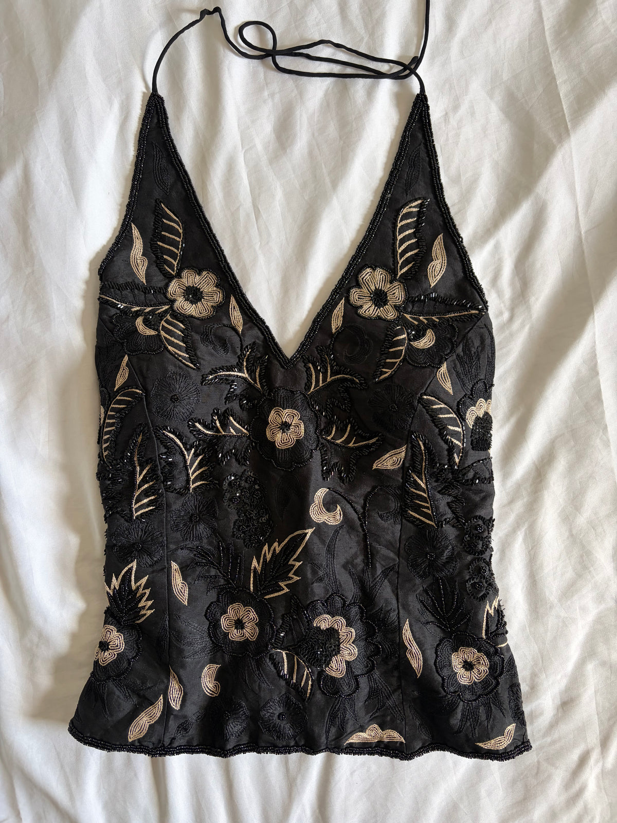 Vintage 2000s Banke B Silk Black Sequin and Beaded Corset Halter, UK 14–16