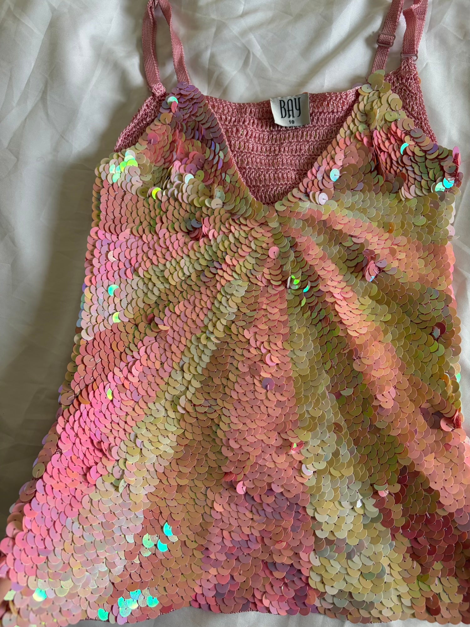 Vintage Y2K Bay Strawberry Milkshake Pink Crochet Sequin Cami