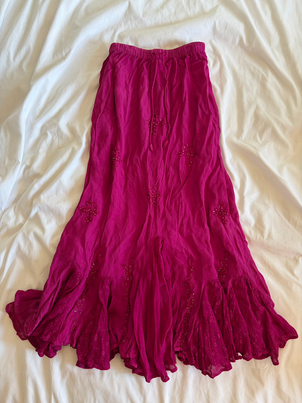 Vintage Y2K cerise maxi skirt with embroidered mermaid hem with beads