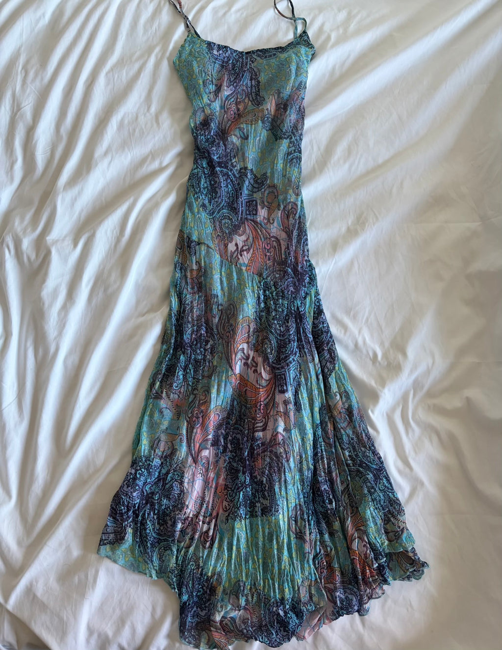 Vintage Y2K blue patchwork style whimsy paisley midi fairy floaty dress