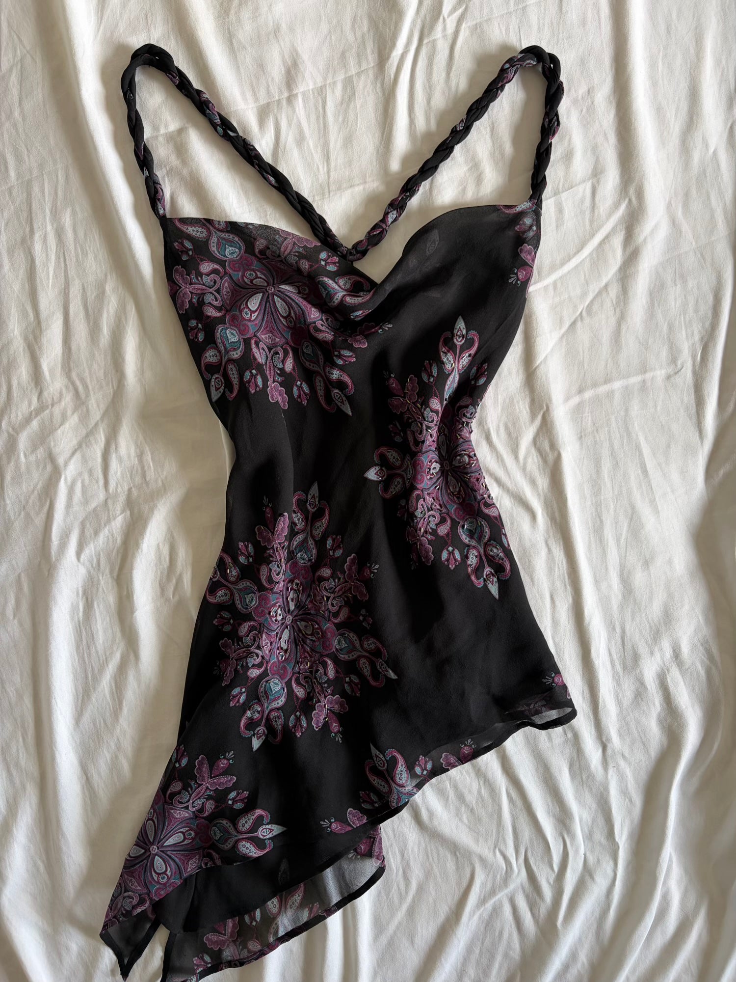 Vintage 1990s Gharani Strok Silk Whimsy Asymmetrical Hem Top with Braided Straps and Beads