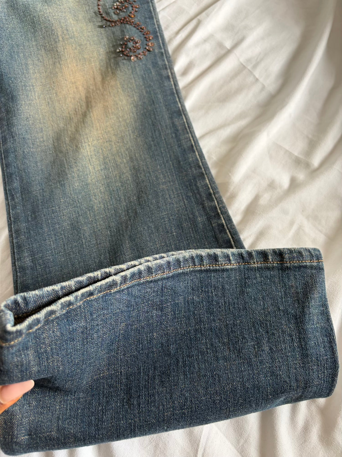 Vintage 2000s Mid Rise Bootcut Flared Jeans with Brown Embellishment and Beads