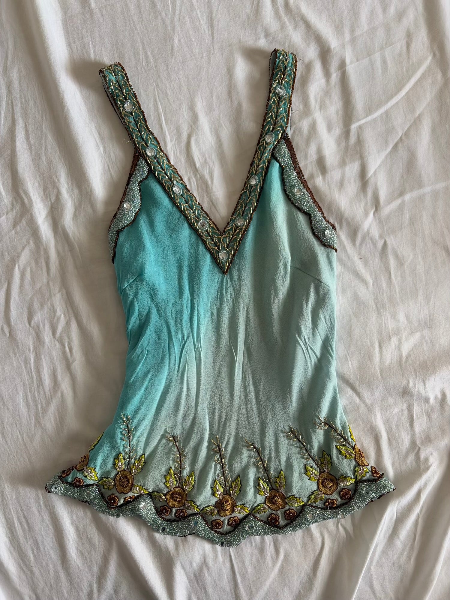Vintage Y2K Aftershock Silk Ombre Turquoise Sequin and Beaded Top