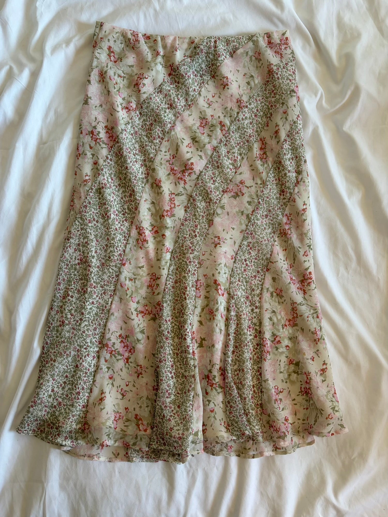 Vintage 1990s pink floral floaty midi skirt with contrast floral stripe detail