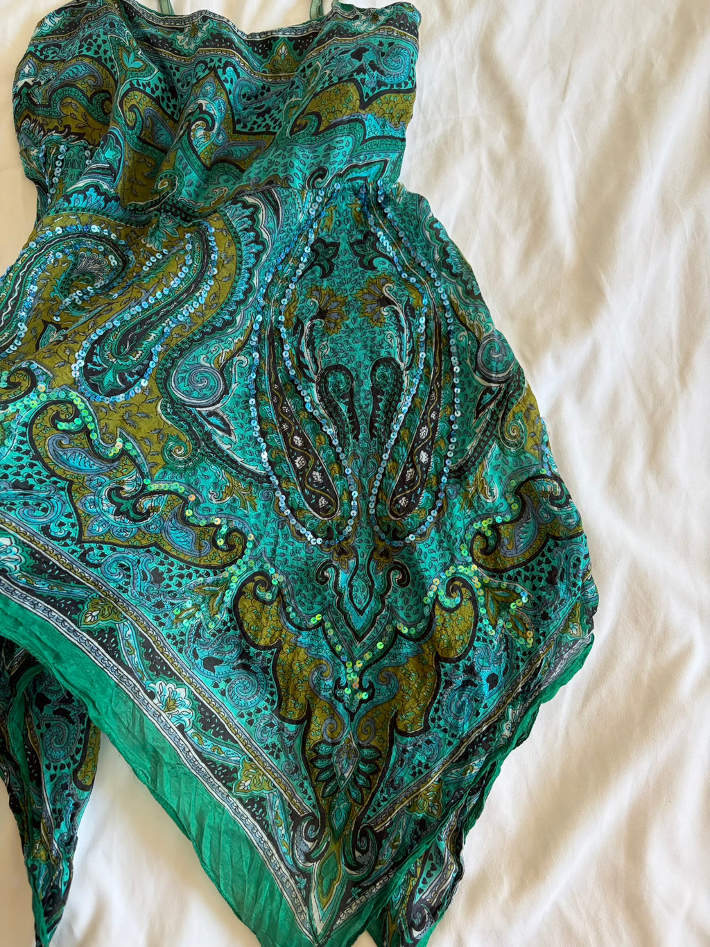 Vintage Y2K green silk paisley handkerchief hem bandeau forest fairy cami with iridescent sequins