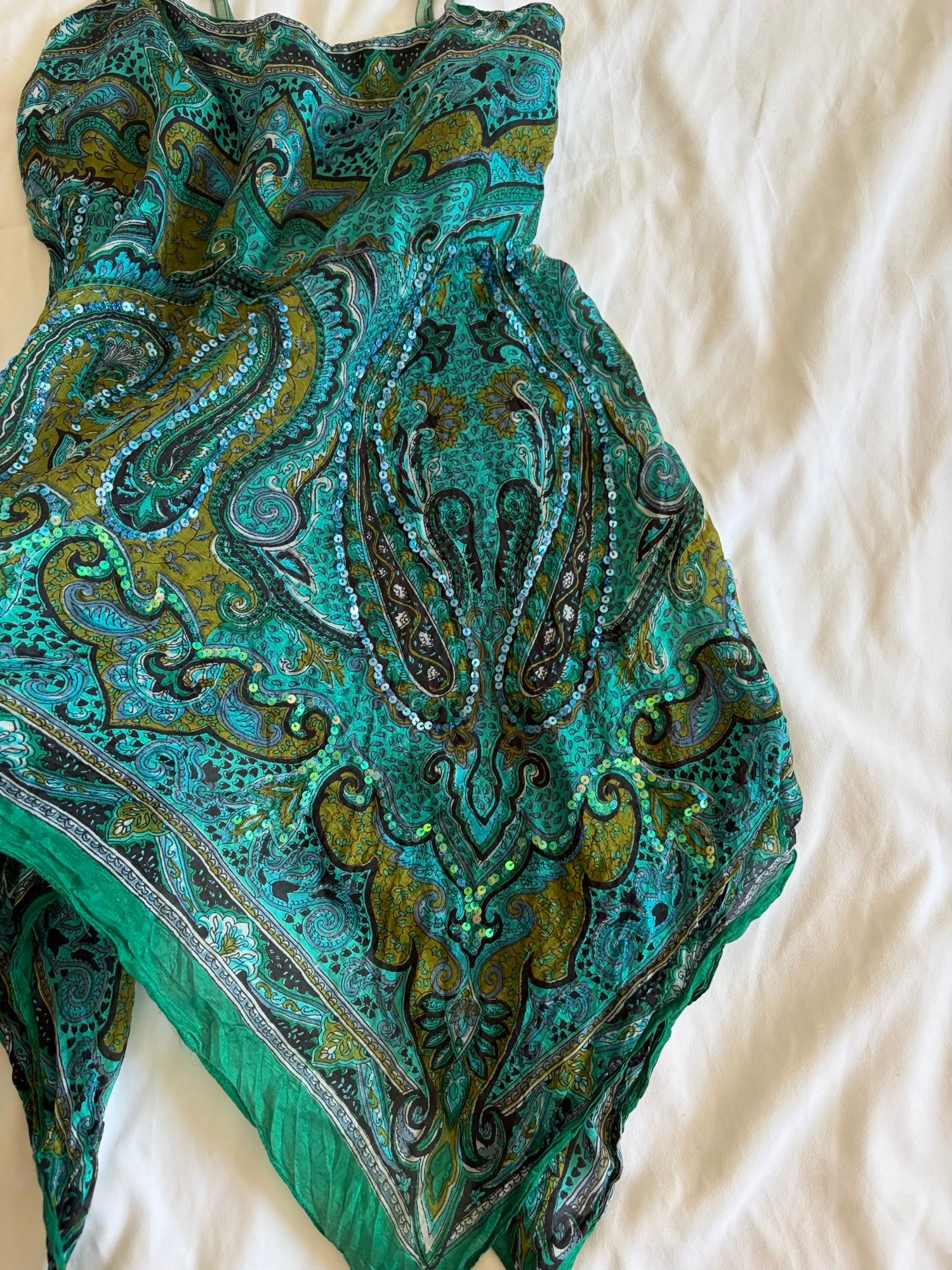 Vintage Y2K green silk paisley handkerchief hem bandeau forest fairy cami with iridescent sequins