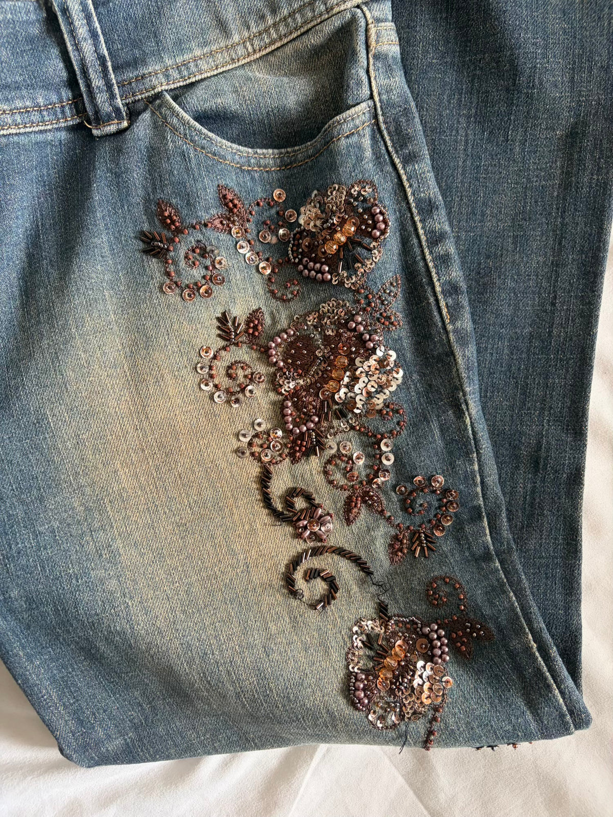 Vintage 2000s Mid Rise Bootcut Flared Jeans with Brown Embellishment and Beads