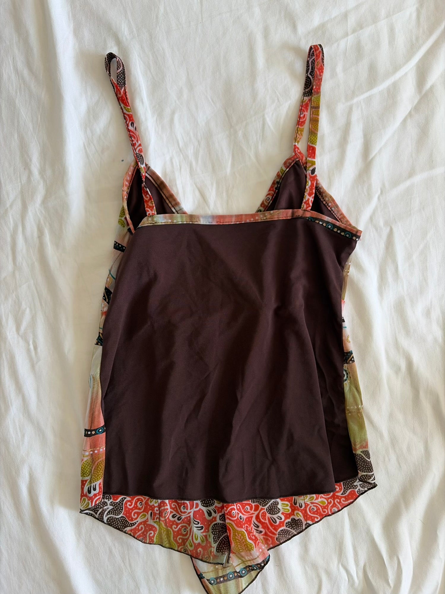 Vintage Y2K French Abstract Asymmetrical Hem Split Front Cami with Sparkles
