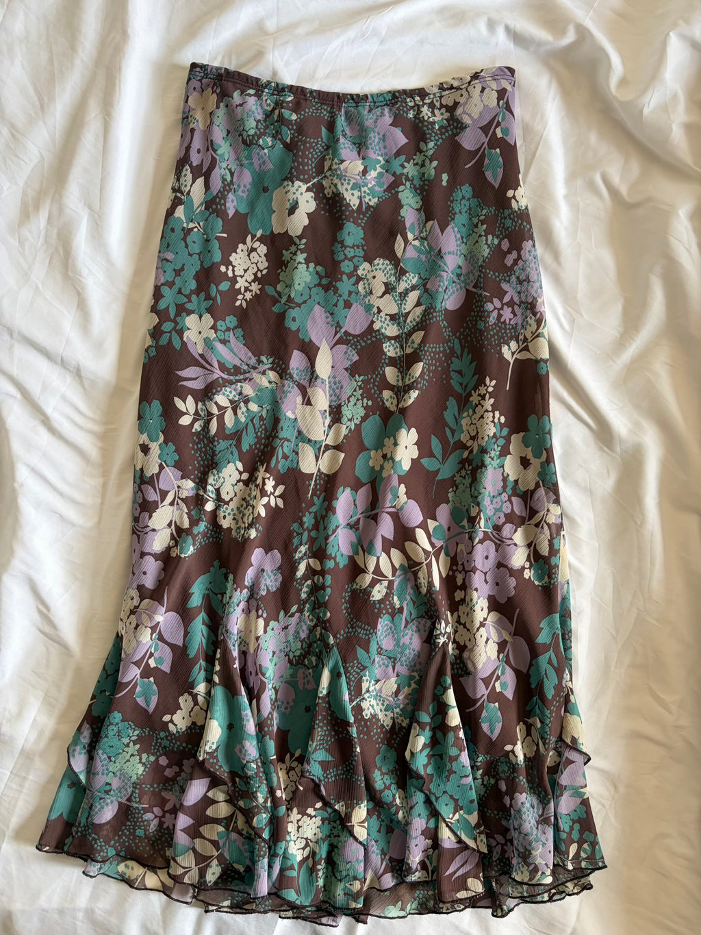 Vintage 1990s Brown and Teal Floral Midi Skirt
