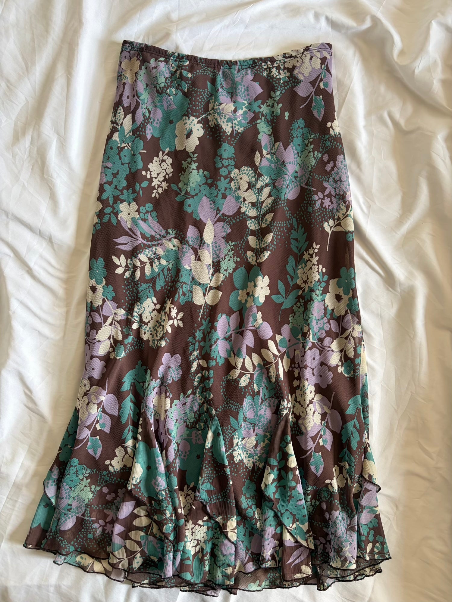Vintage 1990s Brown and Teal Floral Midi Skirt