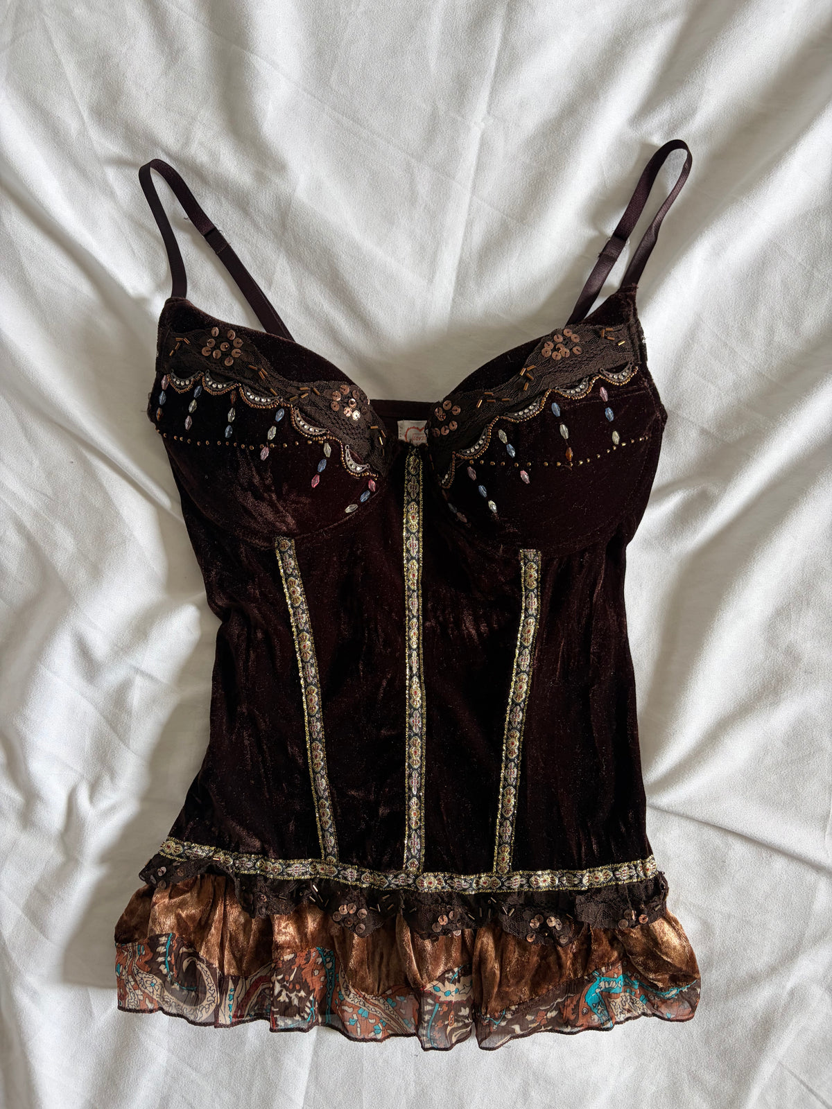 Vintage 1990s Lov3e French Brown Whimsy Sequin Corset Top, UK 8–10