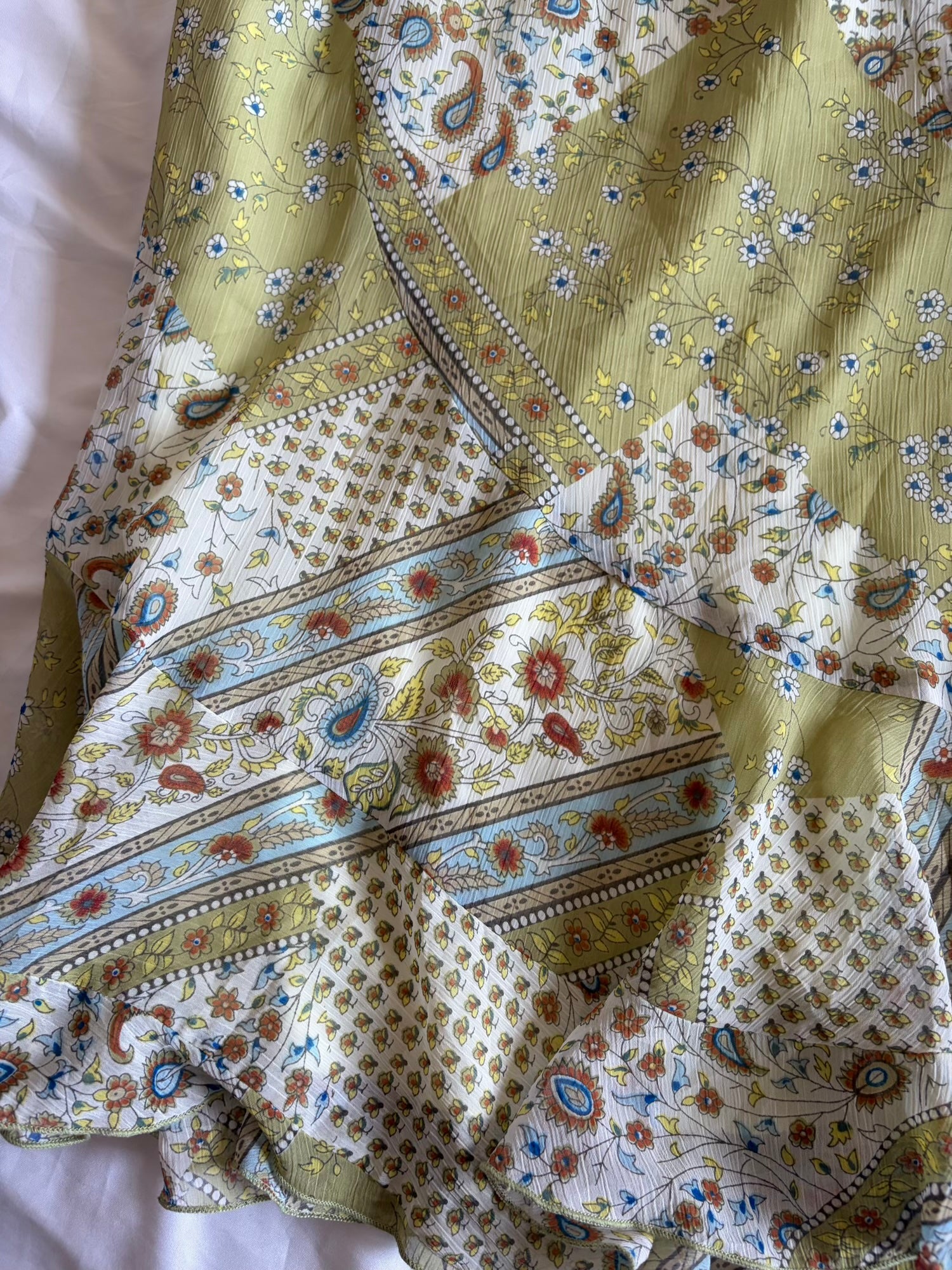 Vintage 1990s Green Floral and Paisley Midi Skirt with Floaty Hem