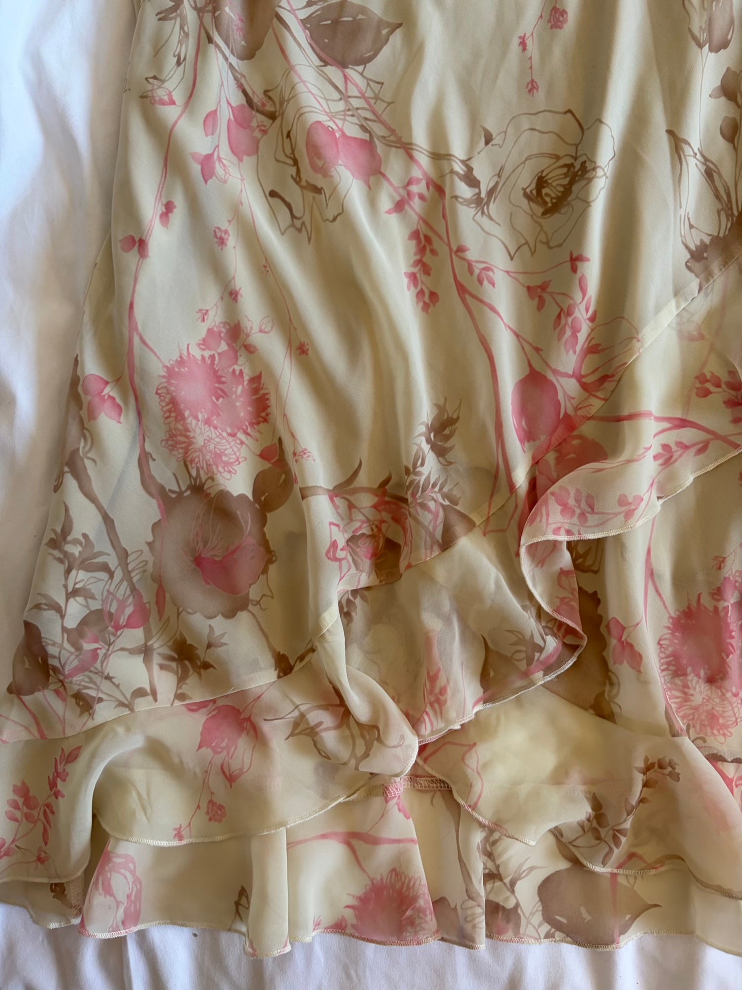 Vintage Y2K double ruffle hem midi skirt with pastel pink floral detail