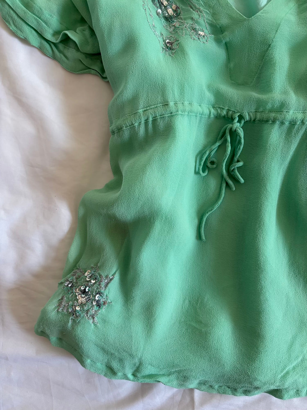 Vintage Y2K Turquoise Silk Blouse with Sequins and Embellishment