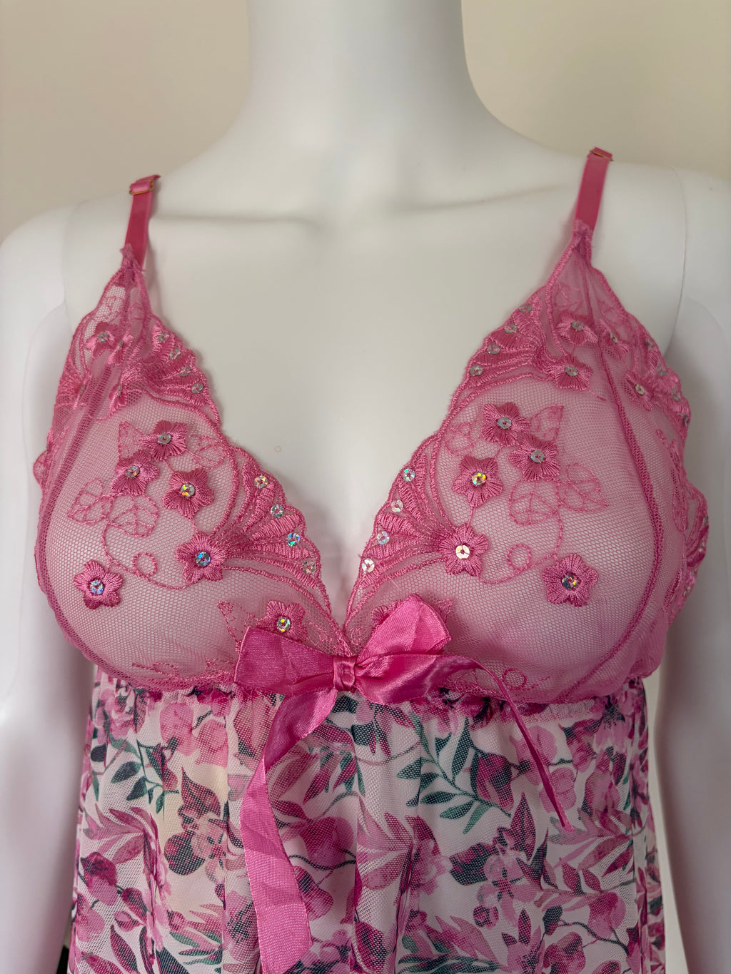 Vintage 2000s Pink Floral Babydoll with Sequin-Embroidered Cups
