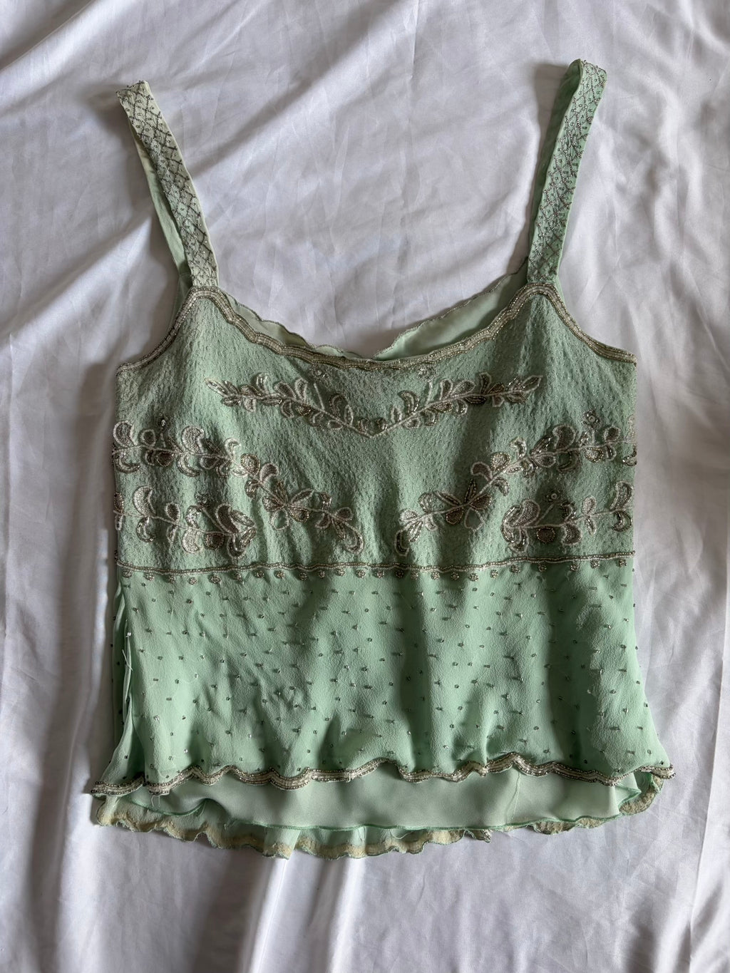 Vintage Y2K Silk Turquoise Mint Cami with Embroidery Beads and Sequin