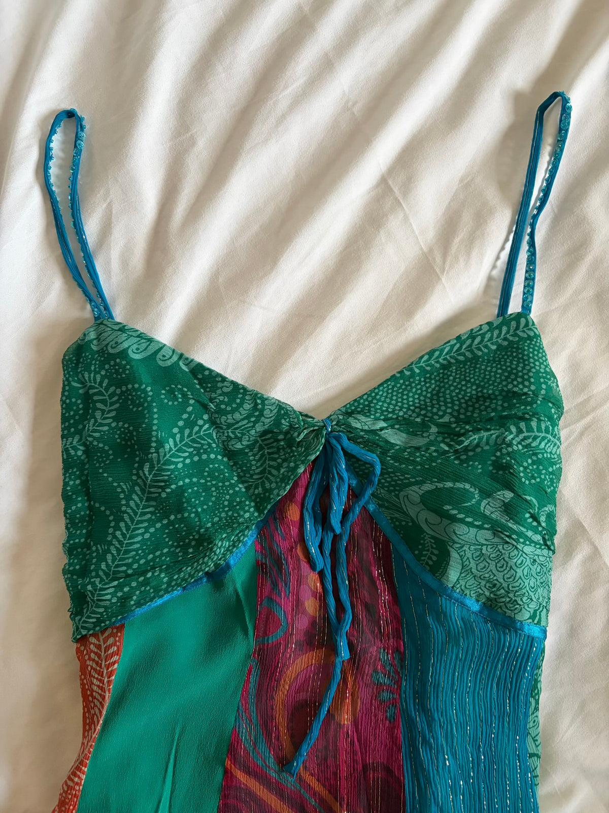 Vintage 2000s Silk Patchwork Handkerchief Hem Cami with Sequins and Beaded Straps