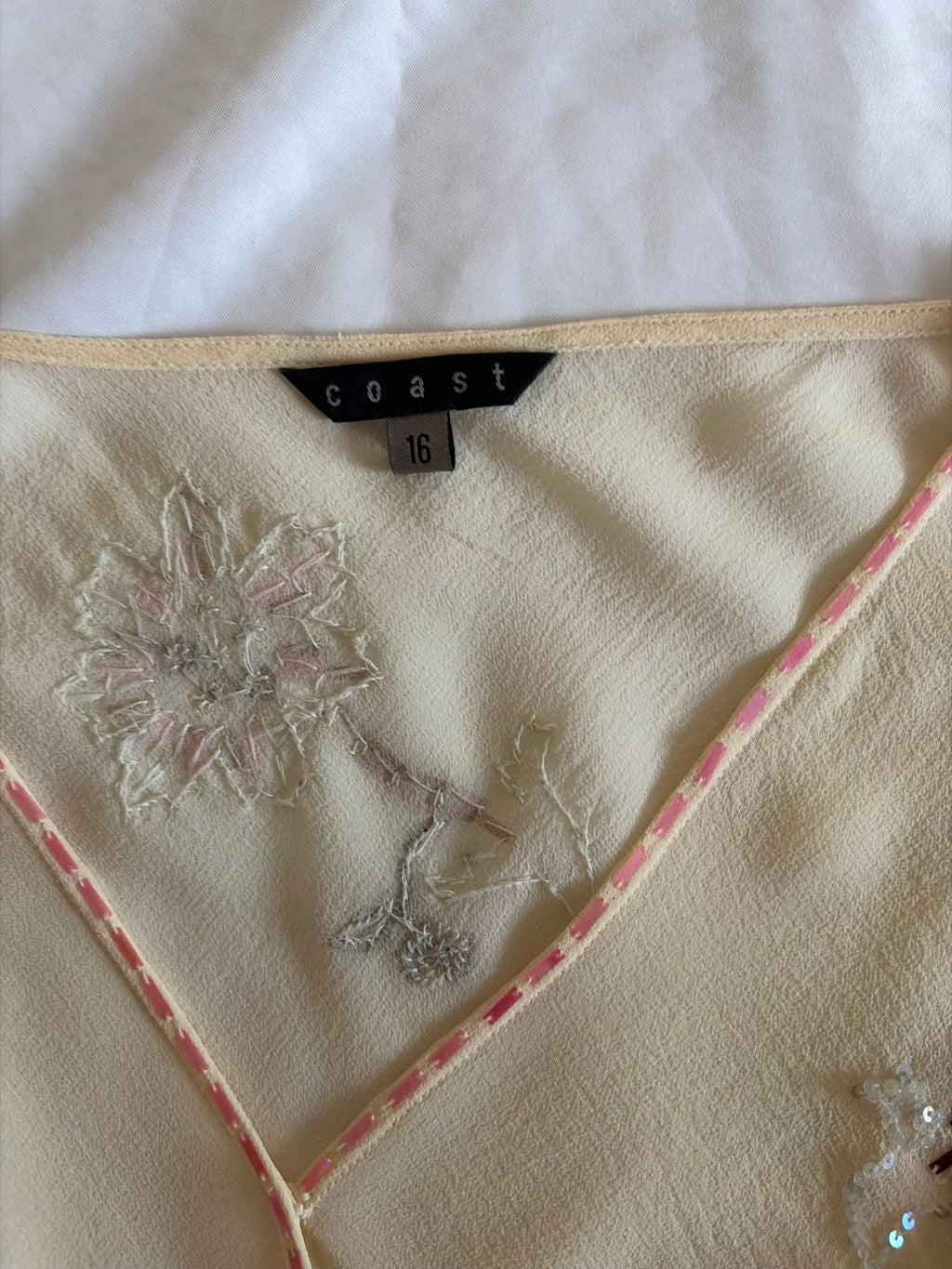 Vintage Y2K Cream Silk Asymmetrical Hem Wrap Blouse with Sequins and Beads
