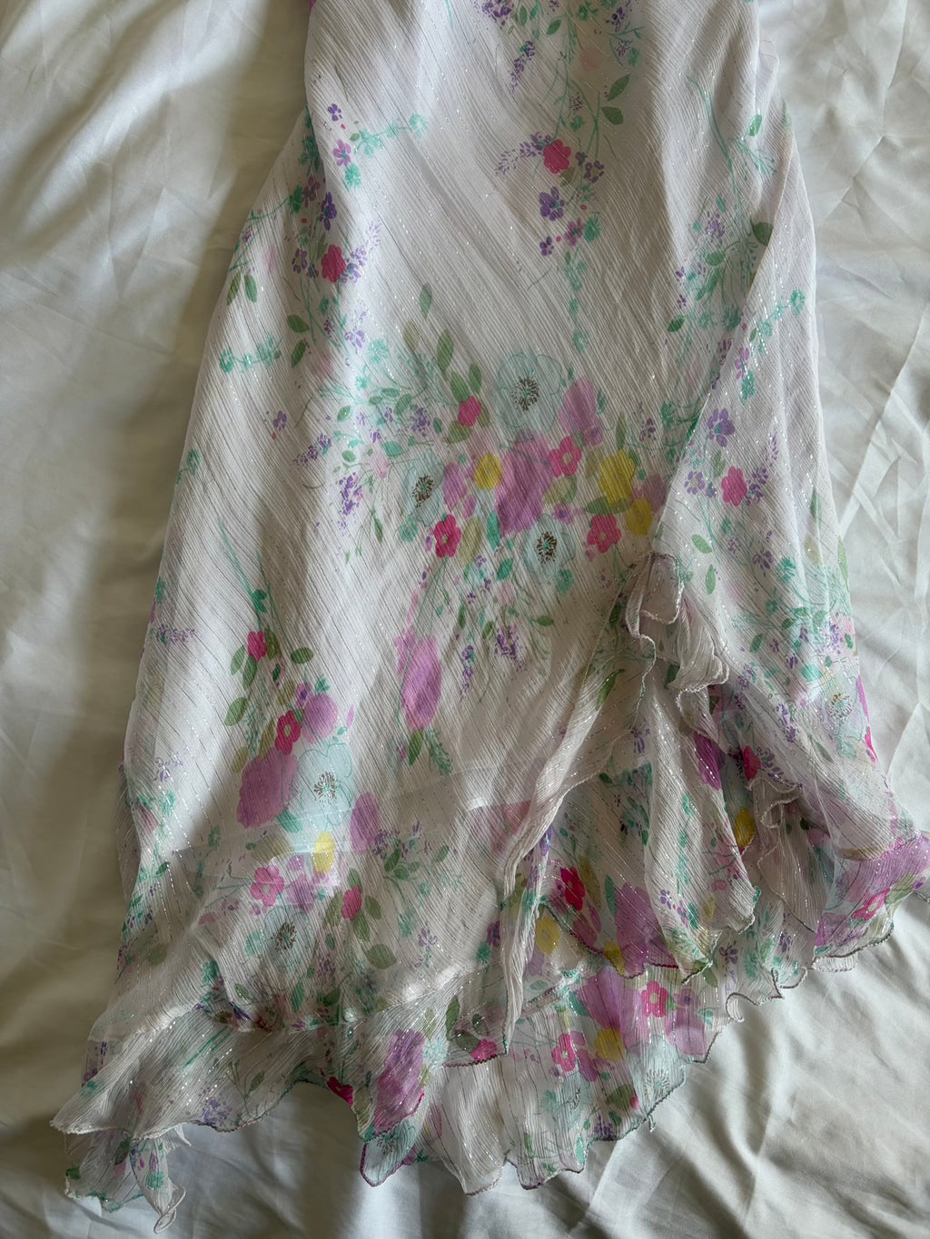 Vintage Y2K Rare Silk Asymmetrical Hem Midi Dress with Floral Detail and Sparkly Silver Detail